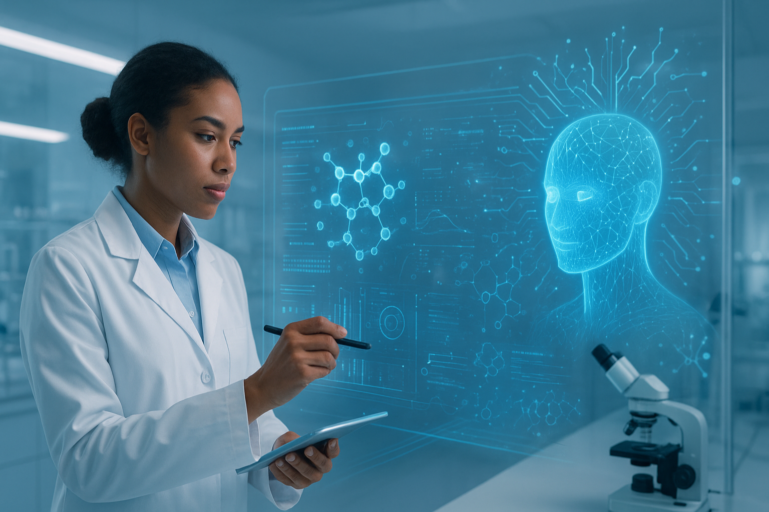 Scientist interacting with a futuristic holographic display showing molecular structures and a human head.